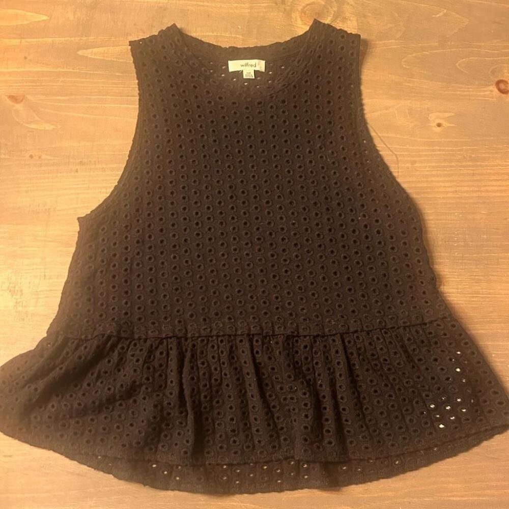 Aritzia Wilfred Black Top Sz Xxs With A Skirty Hem And A Holey Mesh Pattern